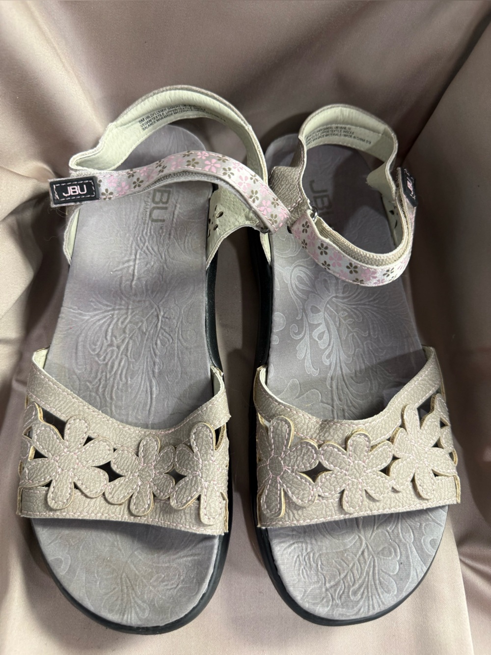 JBU Women's Cream Floral Cutout Sandals with Pink Accents